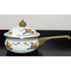 Vintage ASTA Enamelware Four Quart Saucepan Brass Knob and Handles White Floral